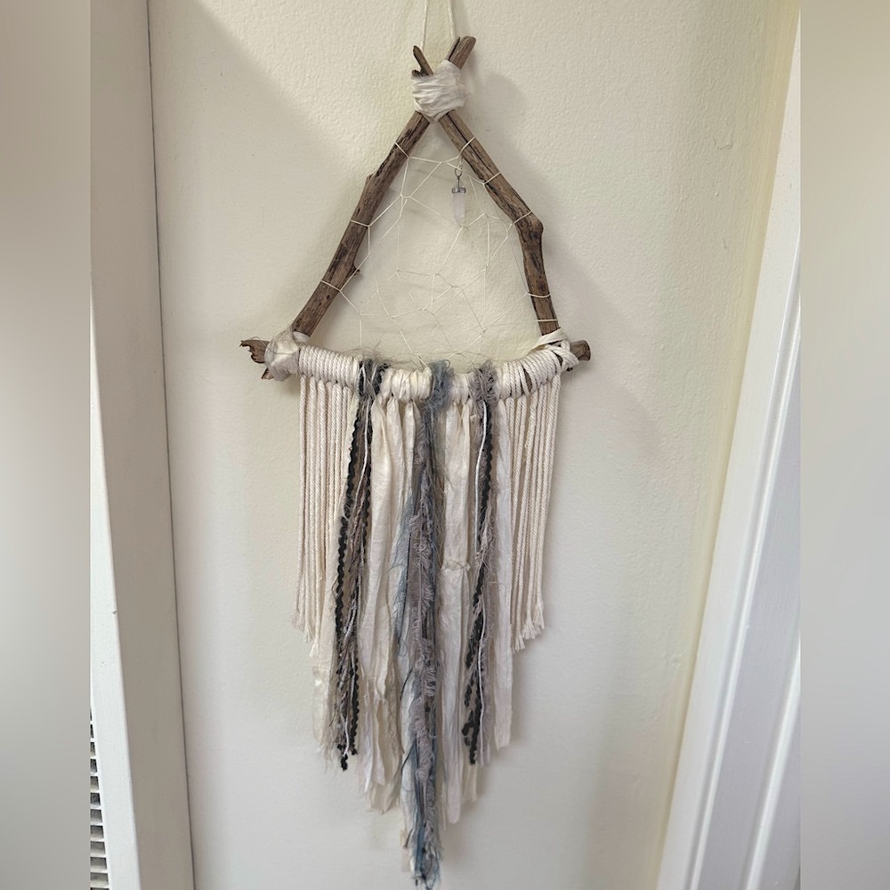 San Francisco Driftwood Dreamcatcher with quartz crystal pendant.